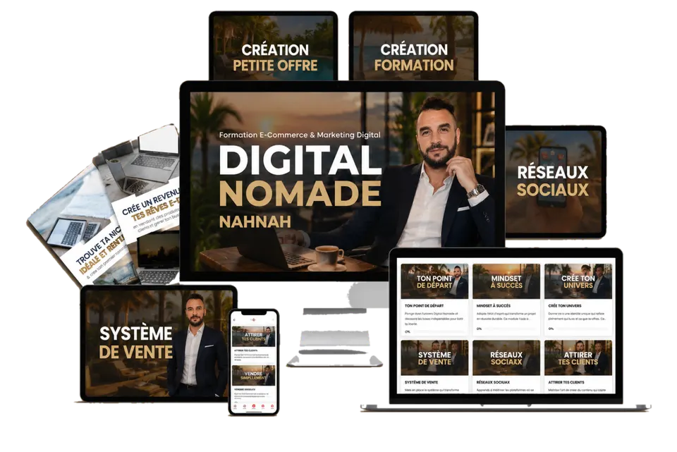Aperçu des formations de l’Académie NAHNAH sur Skool : Digital Nomade, système de vente, réseaux sociaux, création de formation